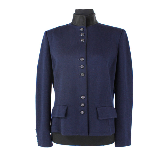 St. John Evening Satin Collar Blazer Navy Santana Knit Button Up Blazer Size 12